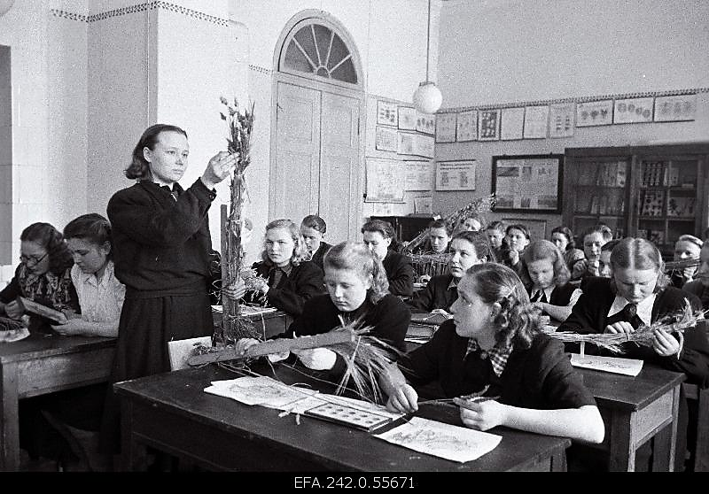 Õpetaja näitab klassis õpilastele kõrrelisi  (mustvalge pilt)